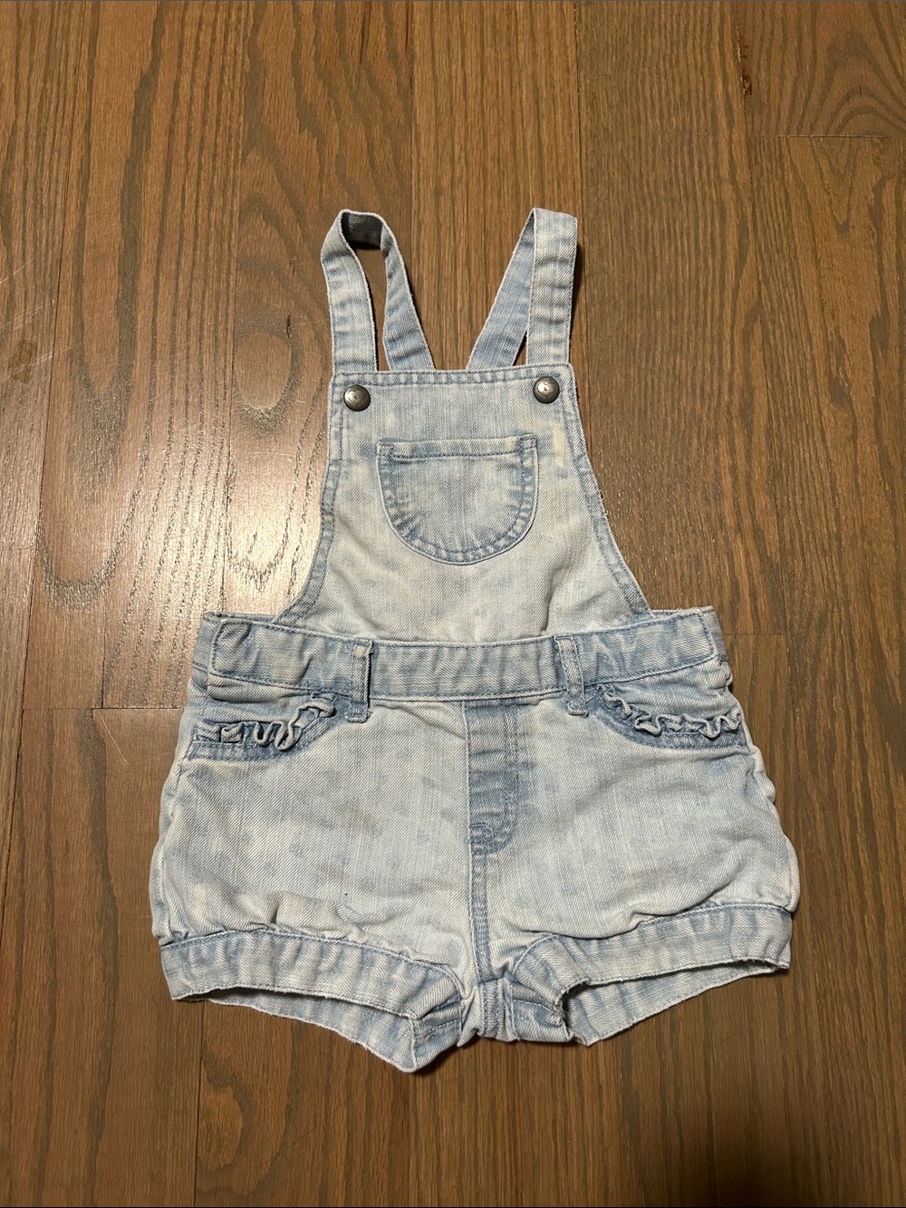 The Children's Place Light Wash Denim Short Overalls with Ruffle Pockets